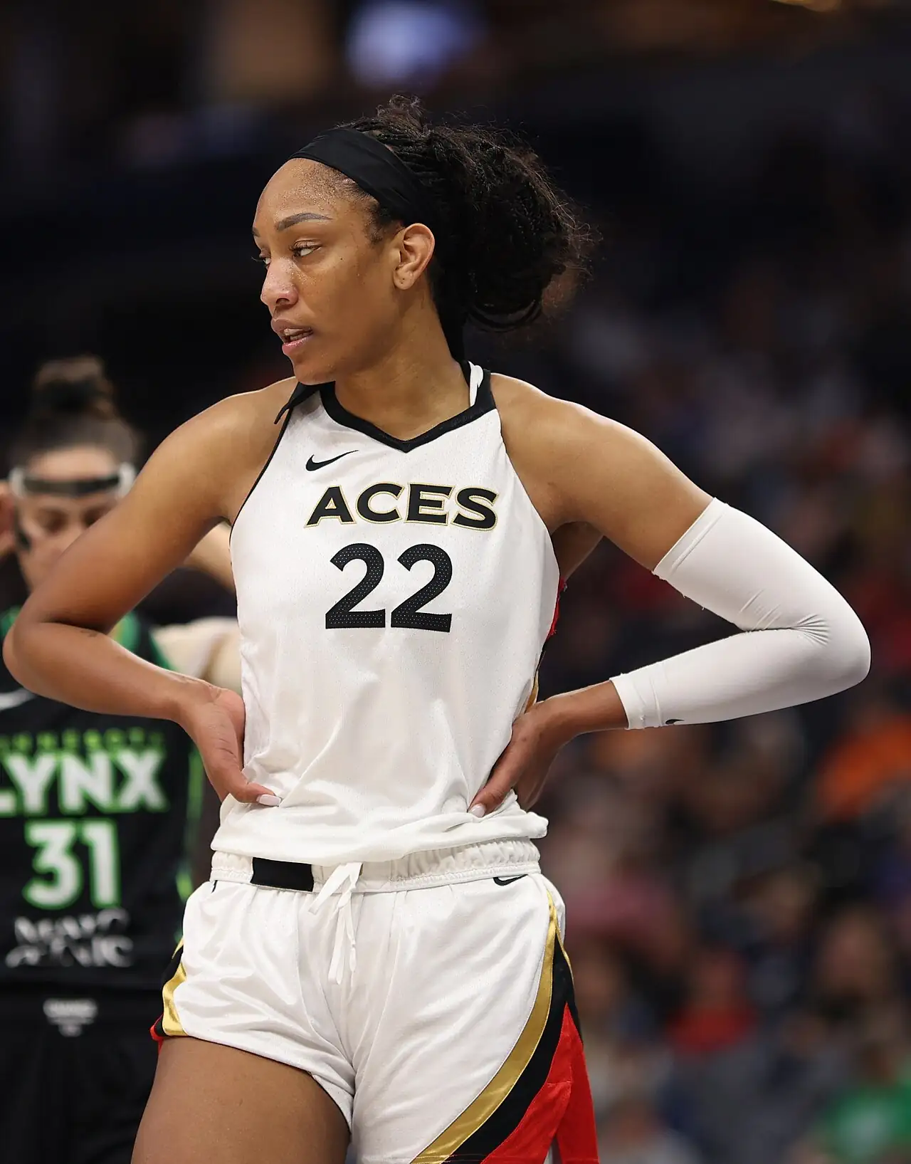 A'ja Wilson of the Las Vegas Aces in a white jersey