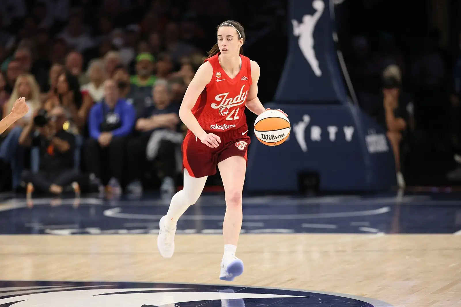 Caitlin Clark of the Indiana Fever bringing the ball up the floor