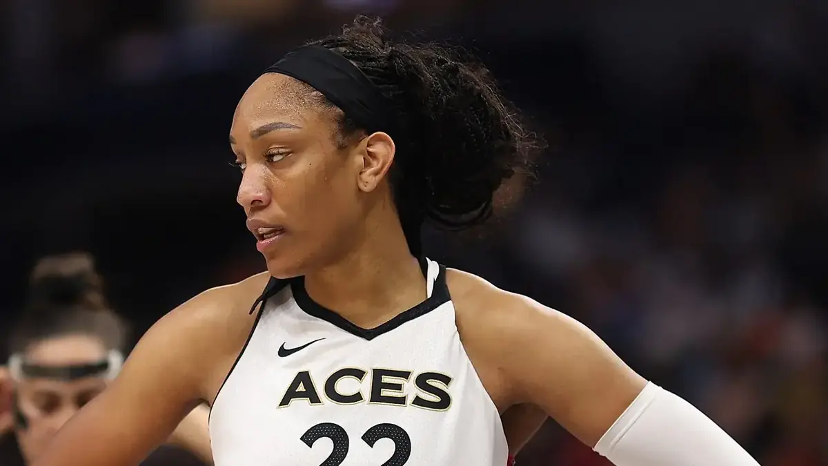 A'ja Wilson of the Las Vegas Aces in a white jersey