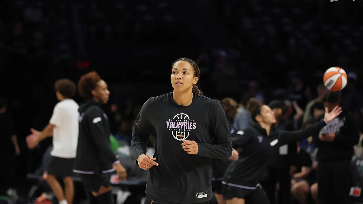 Kiah Stokes of the Golden State Valkyries in a black Valkyries warmup shirt