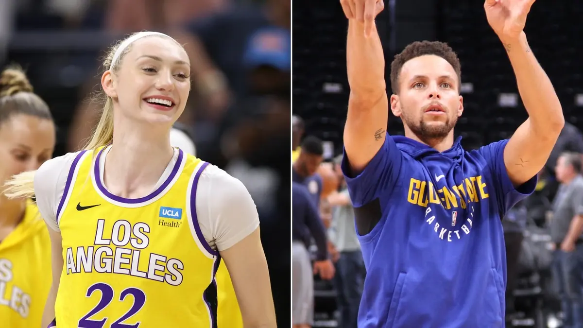 Cameron Brink of the Los Angeles Sparks, left, and Stephen Curry of the Golden State Warriors