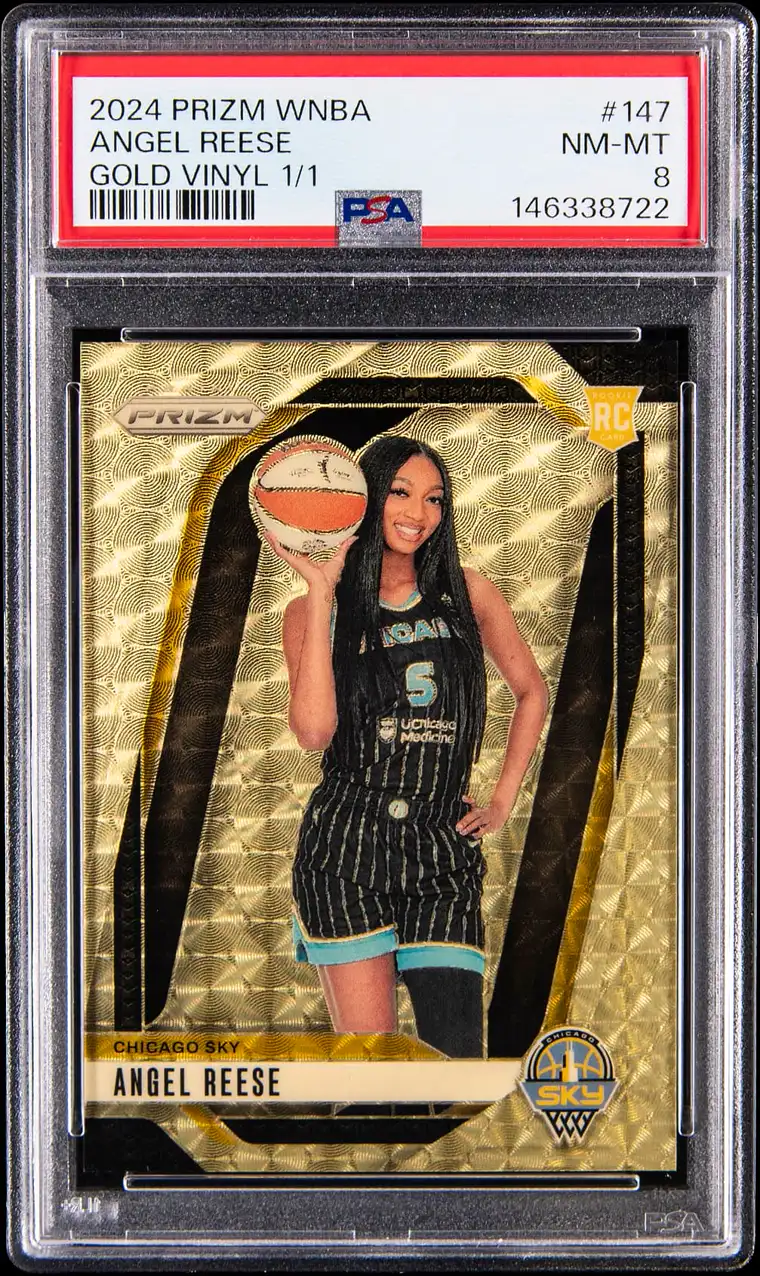 2024 Panini Prizm WNBA Gold Vinyl Prizm number 147 Angel Reese rookie card, serial 1 of 1, in a PSA NM-MT 8 slab labeled certification 146338722