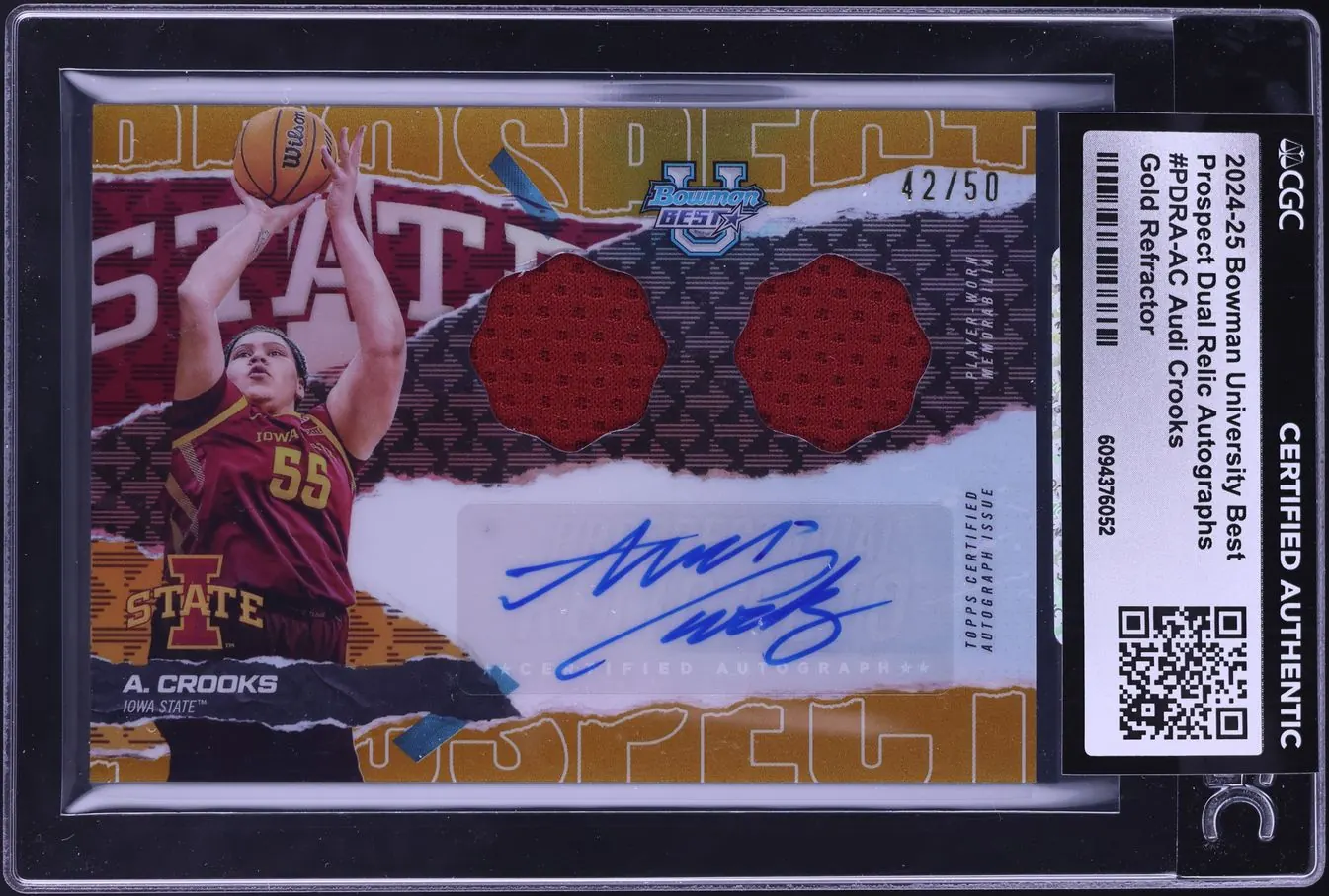 Audi Crooks 2024-25 Bowman University Best dual relic gold refractor autograph, numbered to 50, CGC Authentic, certification 6094376052