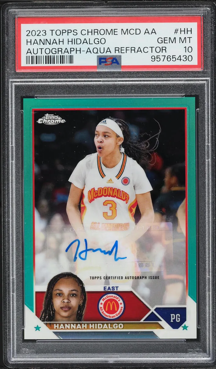 Hannah Hidalgo 2023 Topps Chrome McDonald's All American aqua refractor autograph, numbered to 99, PSA 10, certification 95765430
