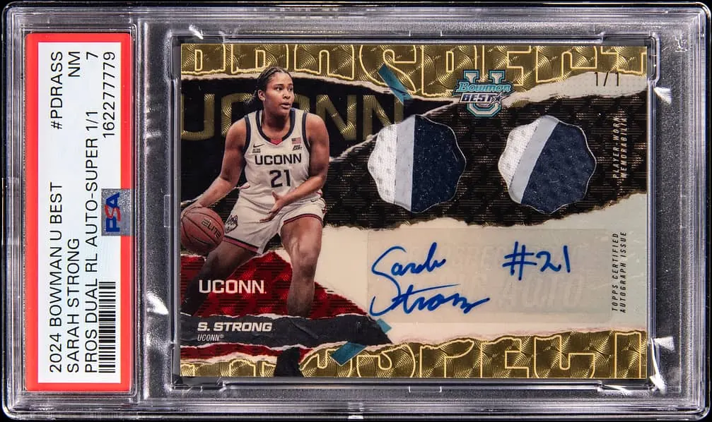 Sarah Strong 2024-25 Bowman University Best Prospect Dual Relic Autographs SuperFractor, serial 1 of 1, PSA 7, certification 162277779
