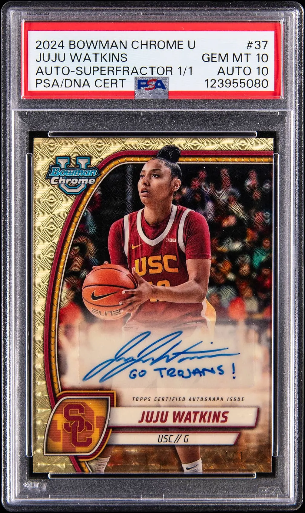 JuJu Watkins 2024-25 Bowman University Chrome Prospects SuperFractor Autographs number 37, serial 1 of 1, PSA 10, certification 123955080
